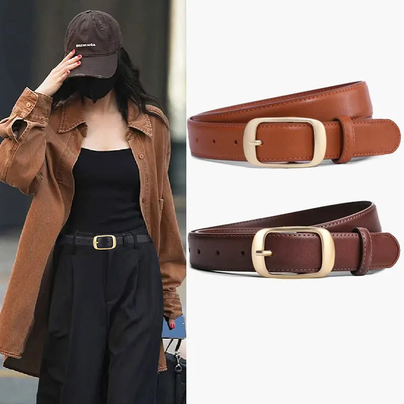 Luxury Genuine Leather Wide Belt for Women – Simple Fashion Accessory with Gold Buckle, 2.8cm Wide Brown Cowhide Belt, Perfect to Match Jeans